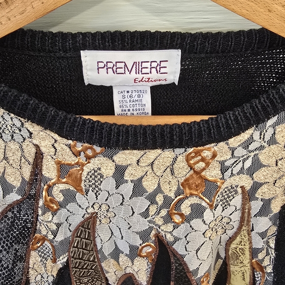 VNTG 80s Premiere Editions  Black Knit Floral Lace Faux Leather Applique Sweater - Picture 6 of 6